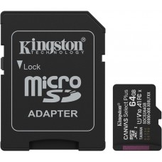 Kingston 64GB microSD Class10 A1 (V10) Canvas Select Plus Gen3 +SD adapter